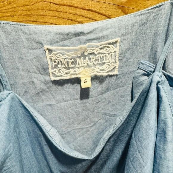 Pink Martini Denim cold shoulder spaghetti ruffle light blue festival street S - Picture 4 of 4